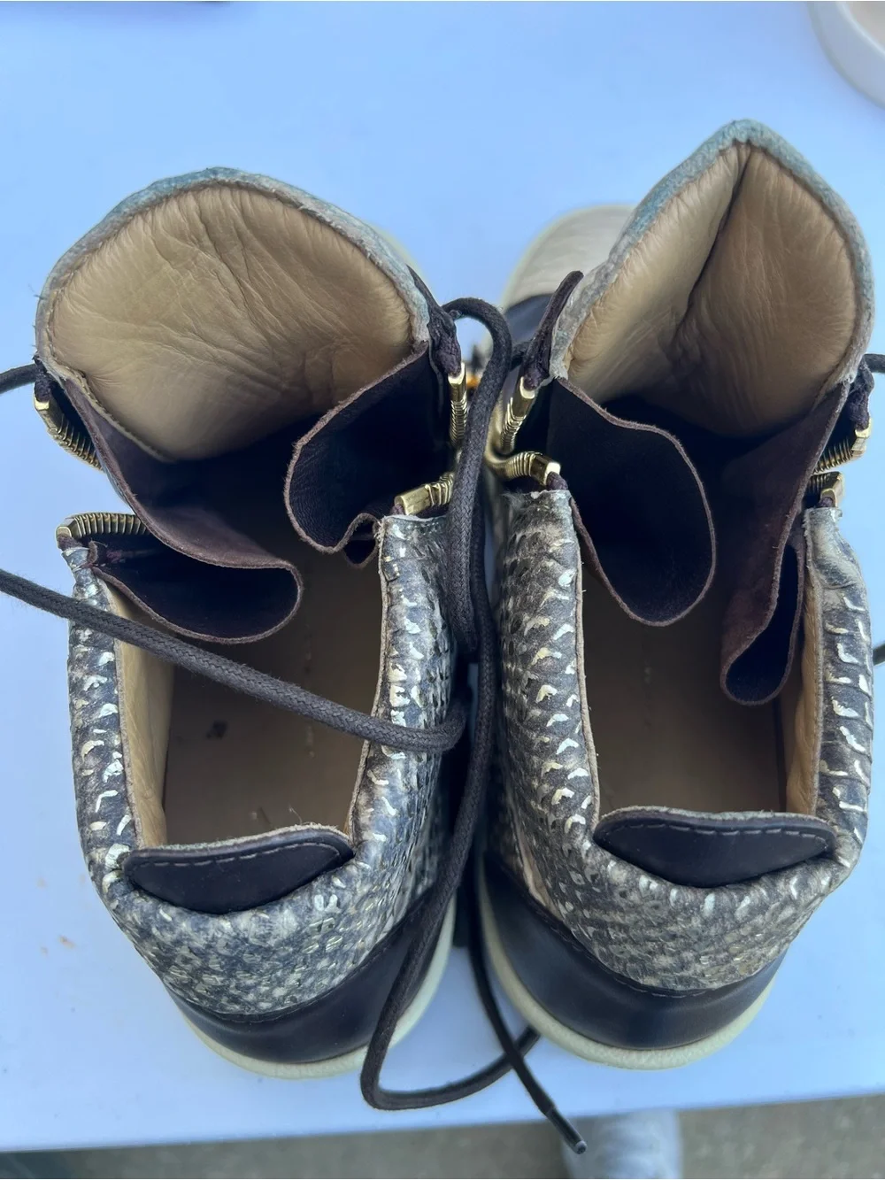 Giuseppe Zanotti Men Cream And Brown Snake Skin Embossed Leather Sneakers Sz 42